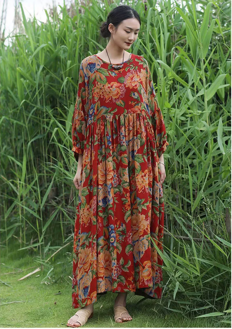 Round Neck High Waist Large Size Bat Sleeve Dress Summer Women's Nostalgic Casual Cotton and Linen Printed Loose Long Skirt