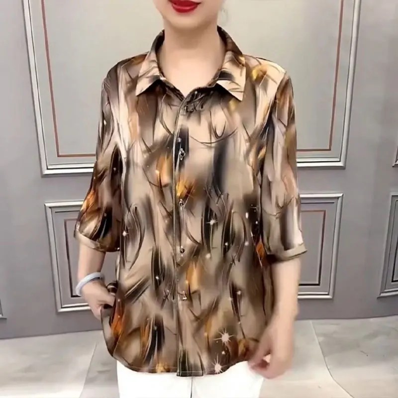 Stylish Vintage Printed Shirt Women\'s Clothing Commute Single-breasted Spring Summer Casual 3/4 Sleeve Turn-down Collar Blouse