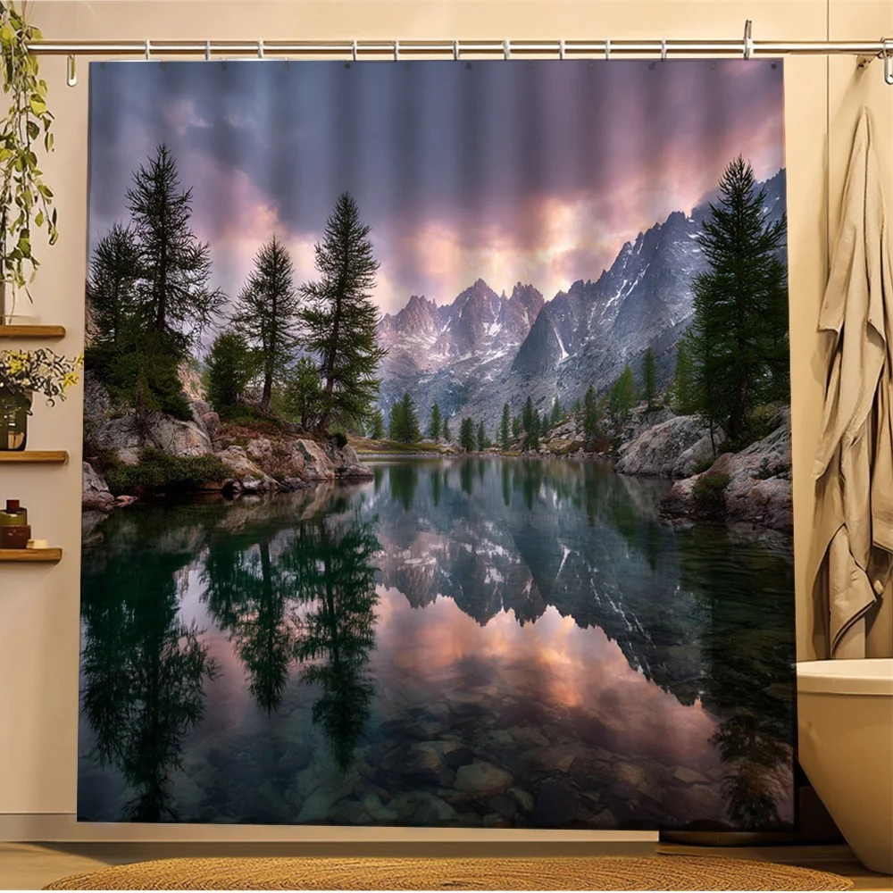 

1pc Nature Scene Shower Curtain - Majestic Mountains & Serene Lake Reflections, 70.8x70.8 Inch, Polyester, Outdoor Home Decor