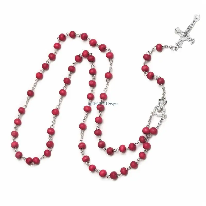Crossed Rose Sutra Necklace Wooden Beads Red Rosary Catholic Necklaces
