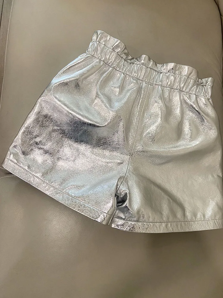 Leather Shorts Women Genuine 2024 New Y2K Fashion Summmer Short Pants High Waist Luxury Shinny Golden Shorts