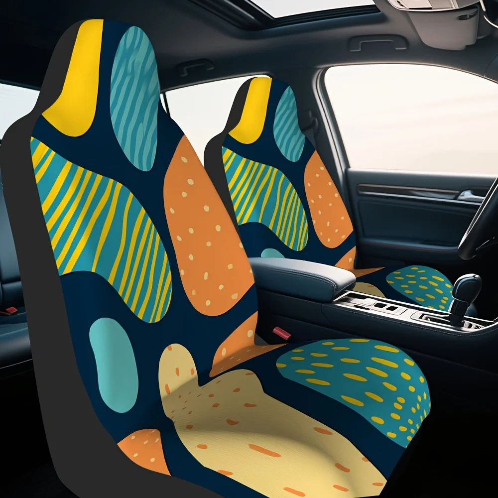 2pcs Elegant Front Seat Covers - Soft, Easy To Clean, Abstract Shapes Color Harmony Themed, Perfect For Driver And Passenger Sea