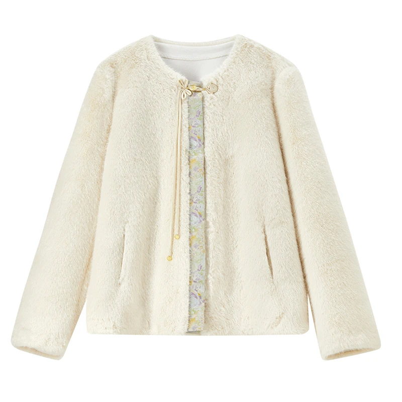 เสื้อโค้ทขนเฟอร์เทียมสำหรับผู้หญิง SENTUBILA รุ่นปี 2025 กระดุมแบบจีน ตัดเย็บด้วยผ้าแจ็คการ์ดตัดสี  กระดุมแบบติดเสื้อ  เสื้อโค้ทขนนุ่มสำหรับฤดูหนาว เสื้อผ้าผู้หญิง รุ่น 154WP4057