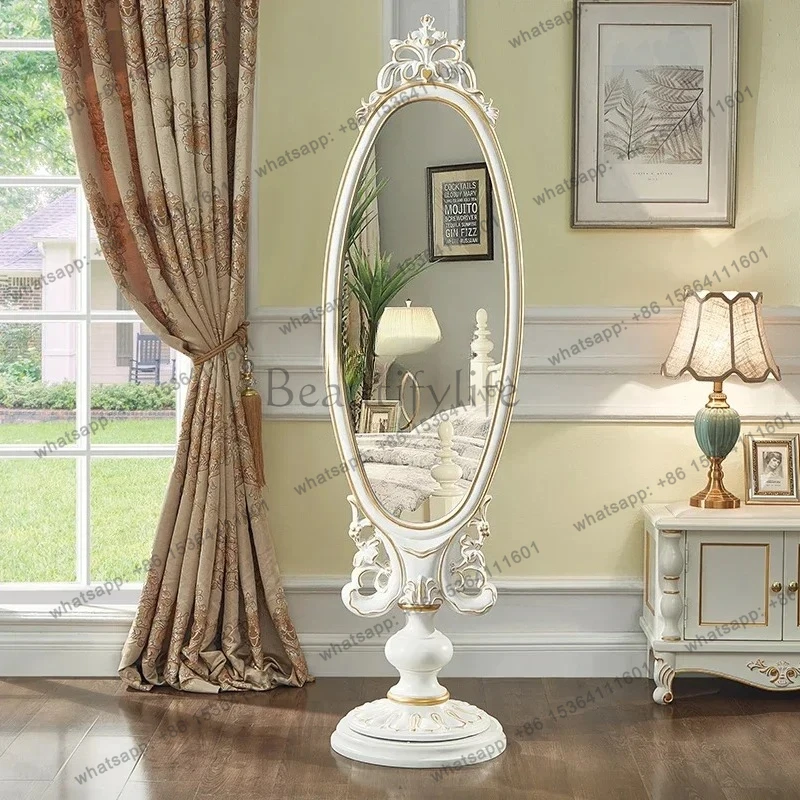 European pure solid wood hand-carved dressing, double-sided mirror rotating floor mirror makeup American