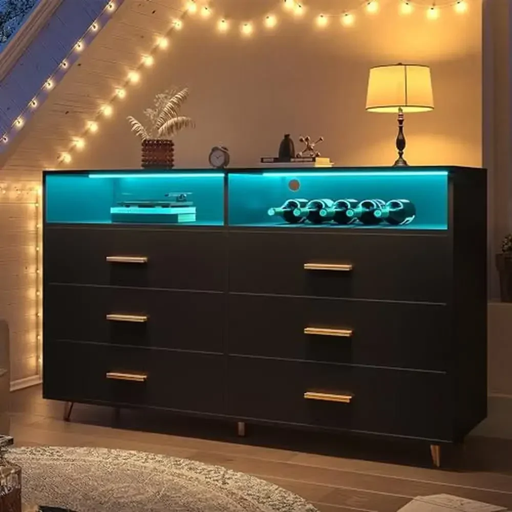 LED Lights Black Wood Dresser with Large Drawers Metal Handles Elegant Chest of Drawers Clothes Storage Bedroom Closet Living