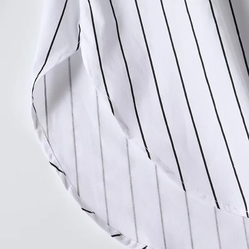 Women\'s French Commuter Style Comfort Pinstripe Shirt Crew Neck Long Sleeves Loose Stripe Blouse Top Fall New Female Chic Shirts