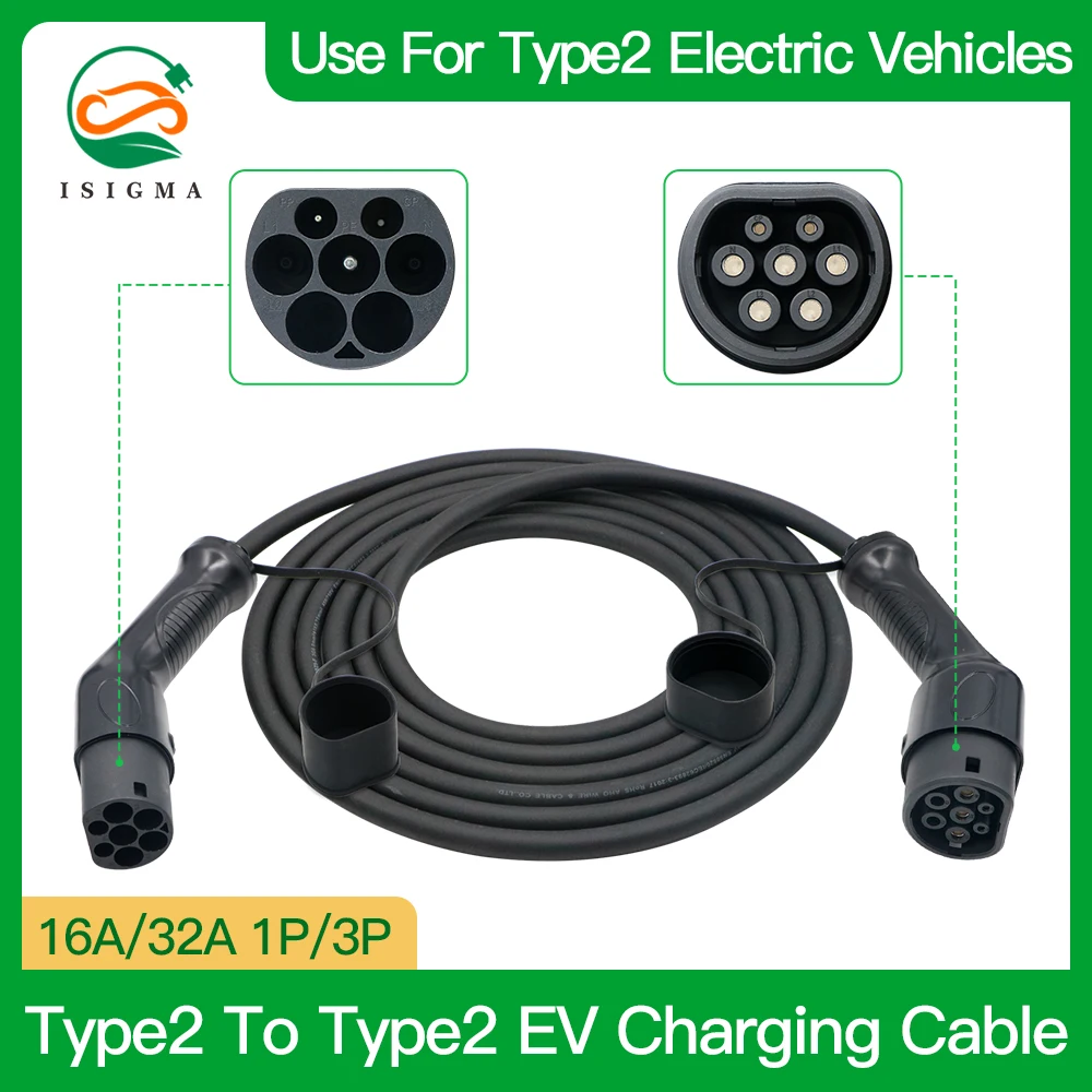 ISIGMA Type2 to Type2 EV Charging Cable 16A 32A 7.2kw 22KW 1/3Phase for EVS Charging Type 2 Female to Male Plug IEC 62196-2