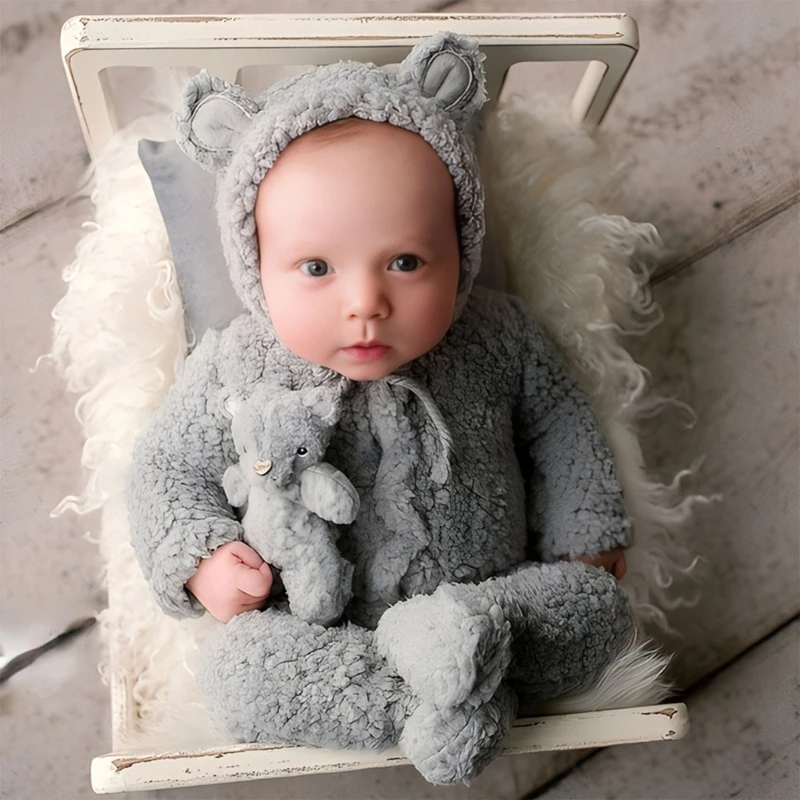 2Pcs Photography Props for Baby Boy Girls Unisex Jumpsuit Bear Ear Hat Footed Romper Newborn Photoshooting Accessories