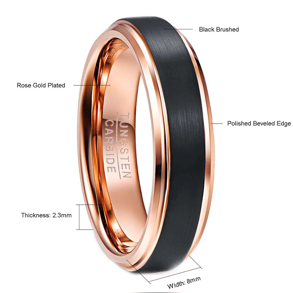Nuncad Rose Gold Color Tungsten Carbide Rings for Men Black Brushed Rings Beveled Edge Comfort Fit Size 5-12