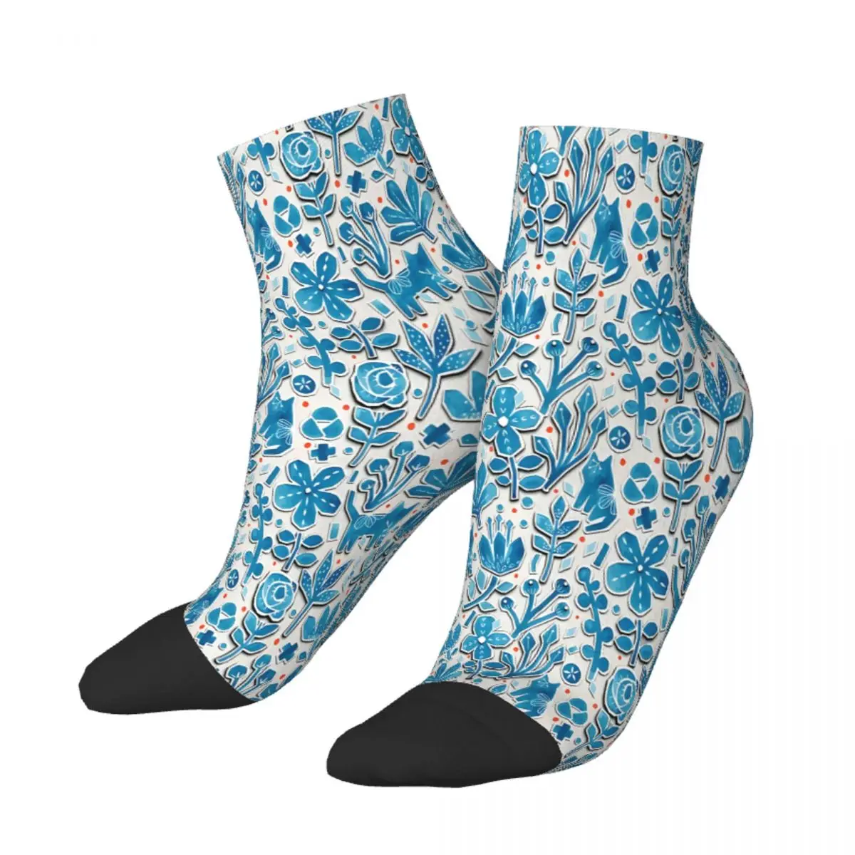 Paper Cut Blue Watercolor Cats Ankle Socks Male Mens Women Spring Stockings Printed