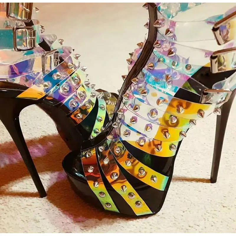 

Sexy Rivets Studs Intrigue PVC Straps High Platform Sandals Boots Stiletto High Heels Peep Toe Cutout Summer Boots for Woman