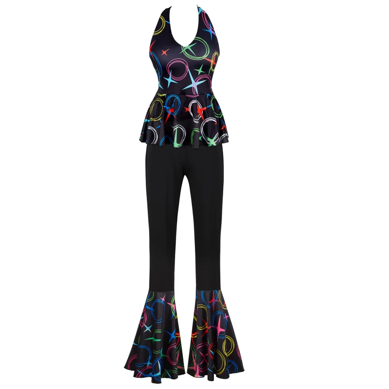 Retro 60s 70s 80s 90s Disco Fancy Dress Outfit Set Halterneck Sleeveless Slimming High Waist Trousers  Hippie Party Clothing