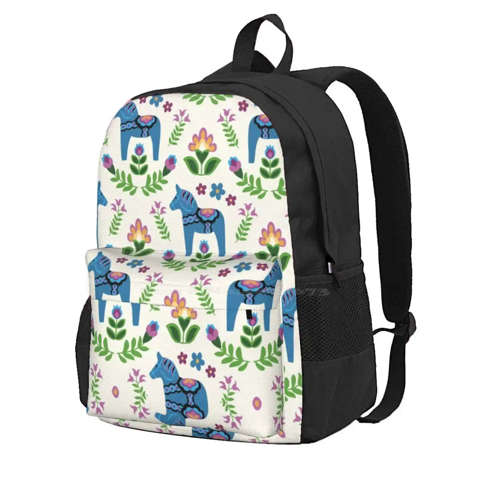 Swedish Dala Horses Blue Hot Sale Schoolbag Backpack Fashion Bags Sweden Blue Horses Kids Room Ethnic Folk Design Swedish Folk