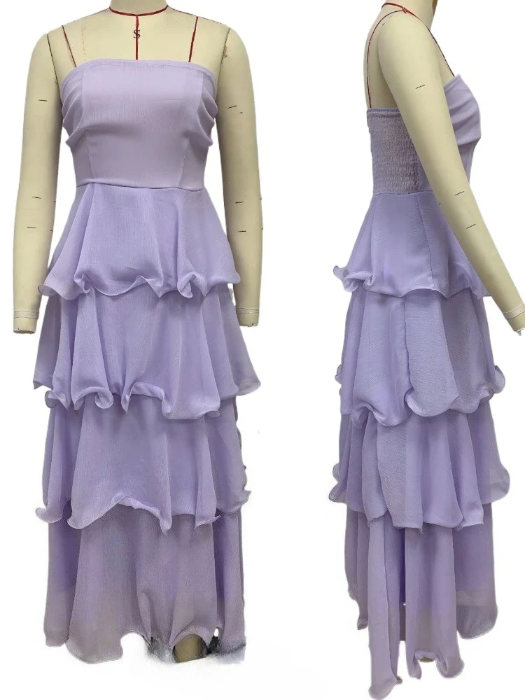 

Sweet Solid Color Strapless Tierred Long Summer Dress
