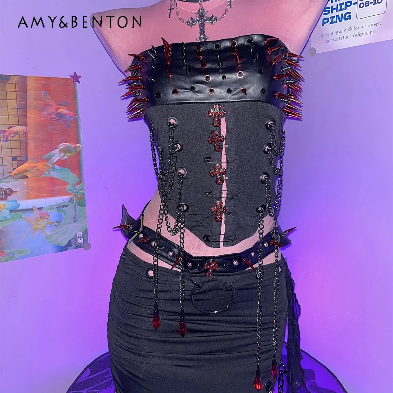 

European American 2025 Autumn New Design Y2K Hot Girl Rivet Chain Women's Tube Top Punk Dark Sexy Bodycon Skirts Sets Ladies