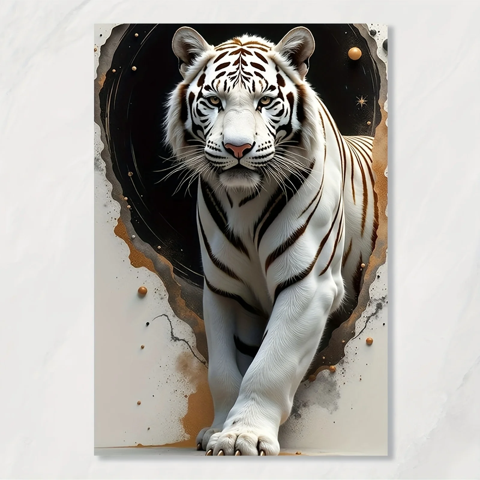 White Tiger with Cosmic Background Canvas Print – 3D Illusion Art, Bold Animal Design, Frameless , for Home Office Decor