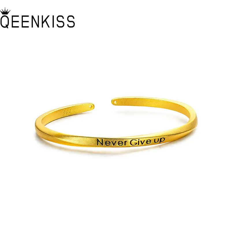 

QEENKISS Gold Never Give up Open Bracelet Bangle For Women Wedding Party Birthday Christmas Bride Ladies Mother Girl Gift BT5297