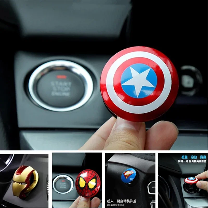 Hot Disney Iron Man Spiderman Car Interior Sticker Anime Figure Car Engine Ignition Start Switch Button Cover Trim Stickers Toys