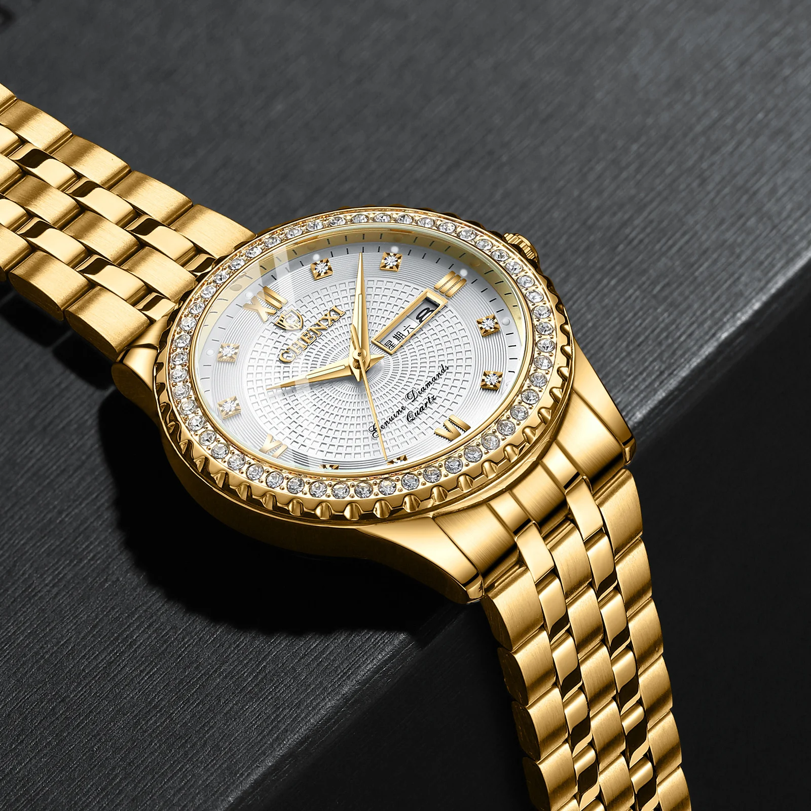 Chenxi 8215 neue Mode Paar Uhren Doppel kalender Glow Gold Diamant Edelstahl leuchtende Quarz Armbanduhr Herren uhr