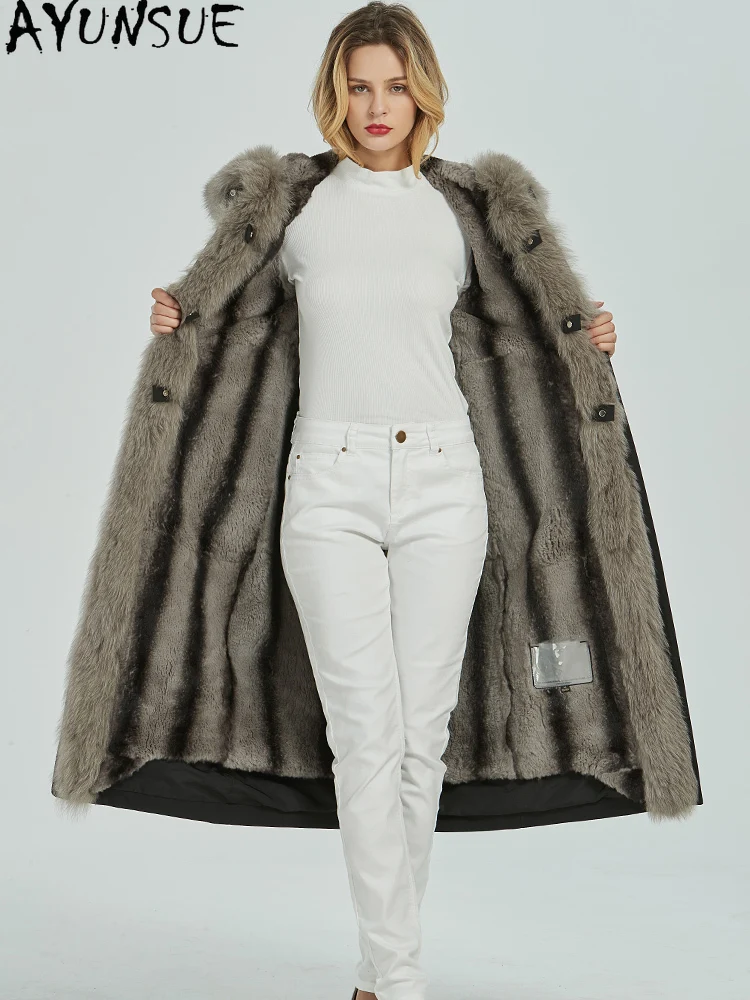 AYUNSUE 리얼 모피 파카 여성 렉스 토끼 라이너 분리형 따뜻한 겨울 의류 중간 길이 트렌치 코트 여우 모피 칼라
