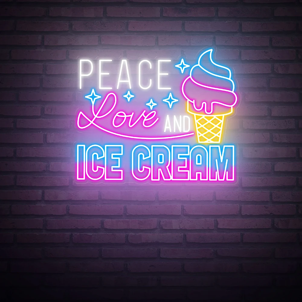 Peace Love and Ice Cream Neon Sign Custom Ice Cream Shop Wall Decor Neon Sign Bakery Store Welcome Led Neon Light Lamp