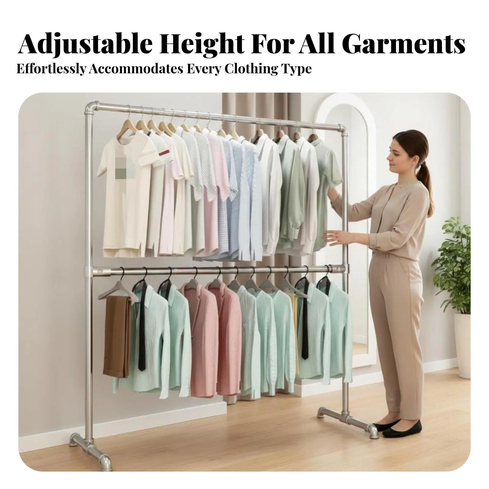 Rolling Clothes Stand with Basket On casters Rolling Clothing Stand with Shelves Double Hanging Rod Garment Rack for Renters,