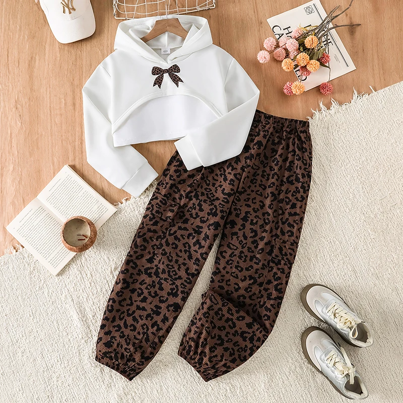 Girls 8-12Y Spring Fall Fashion 3 Piece Clothing Set, White Hoodie, Sling Top & Brown Leopard Print Trousers Daily Kids Outfit
