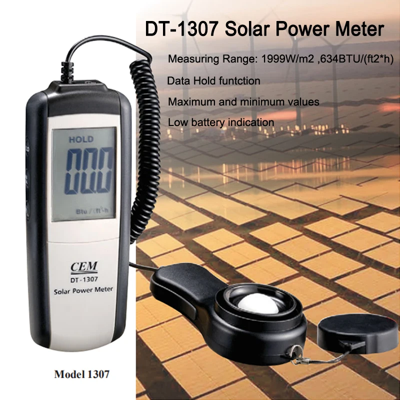 CEM DT-1307 Handheld Solar Power Meter Digital Solar Irradiance Meter with 2000 W/m2, 634 BTU / (ft2 · h) Measuring Range