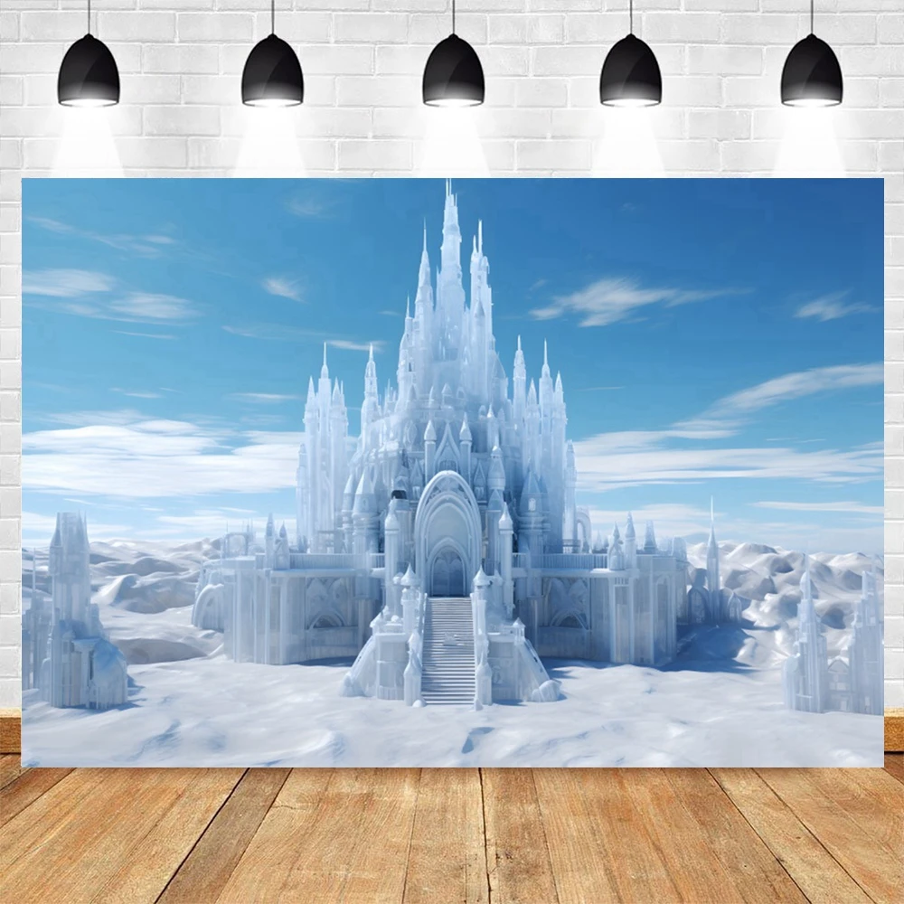 Toile de Fond de Château de Glace au Pays des Merveilles d'Hiver, Paysage de Neige Blanche, Conte de Fées, Princesse, Anniversaire de Fille, Portrait de Bébé, Arrière-Plan de Photographie