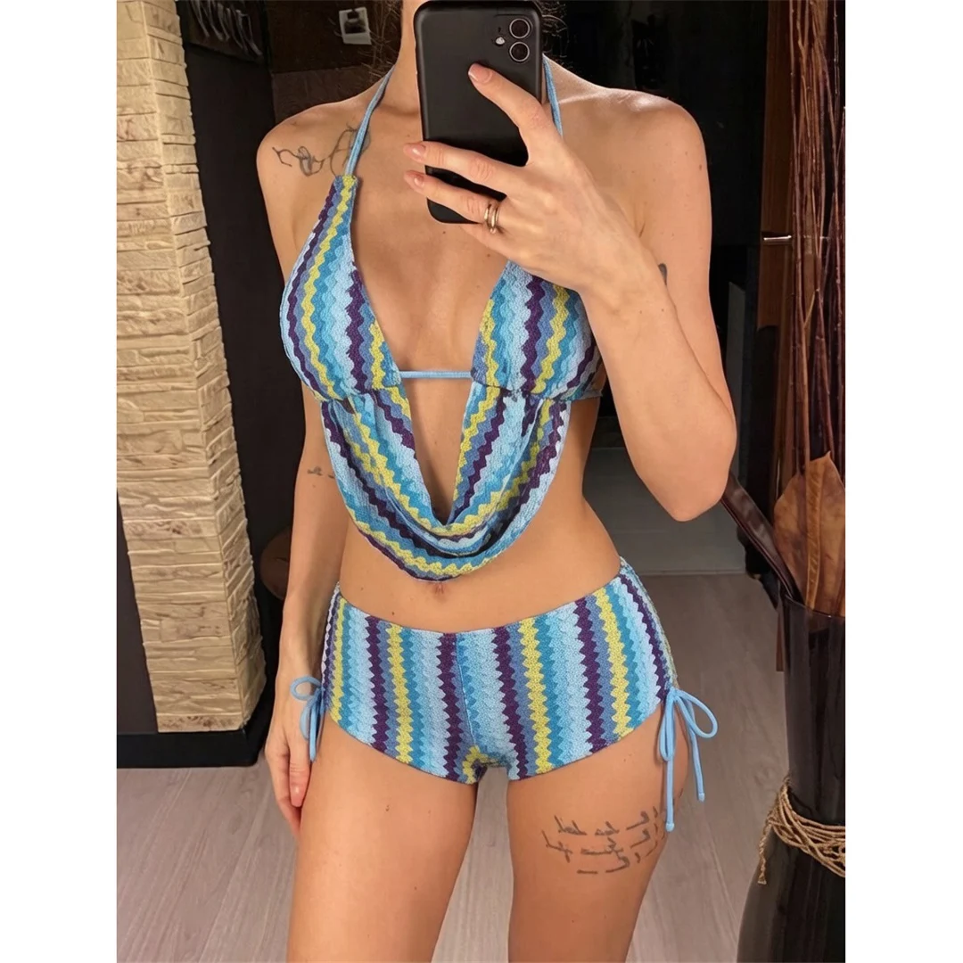 Gestreifter Tankini-Shorts-Bikini, Damen-Badeanzug, zweiteiliges Bikini-Set, gepolsterter Badeanzug, Badebekleidung, Modell V8344. – Detail 4