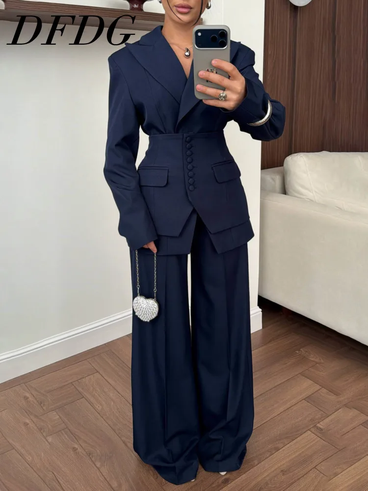 

Женский костюм DFDG: Элегантный офисный комплект с пиджаком с лацканами и широкими брюками, трендовая женская мода Весна-Лето 2026