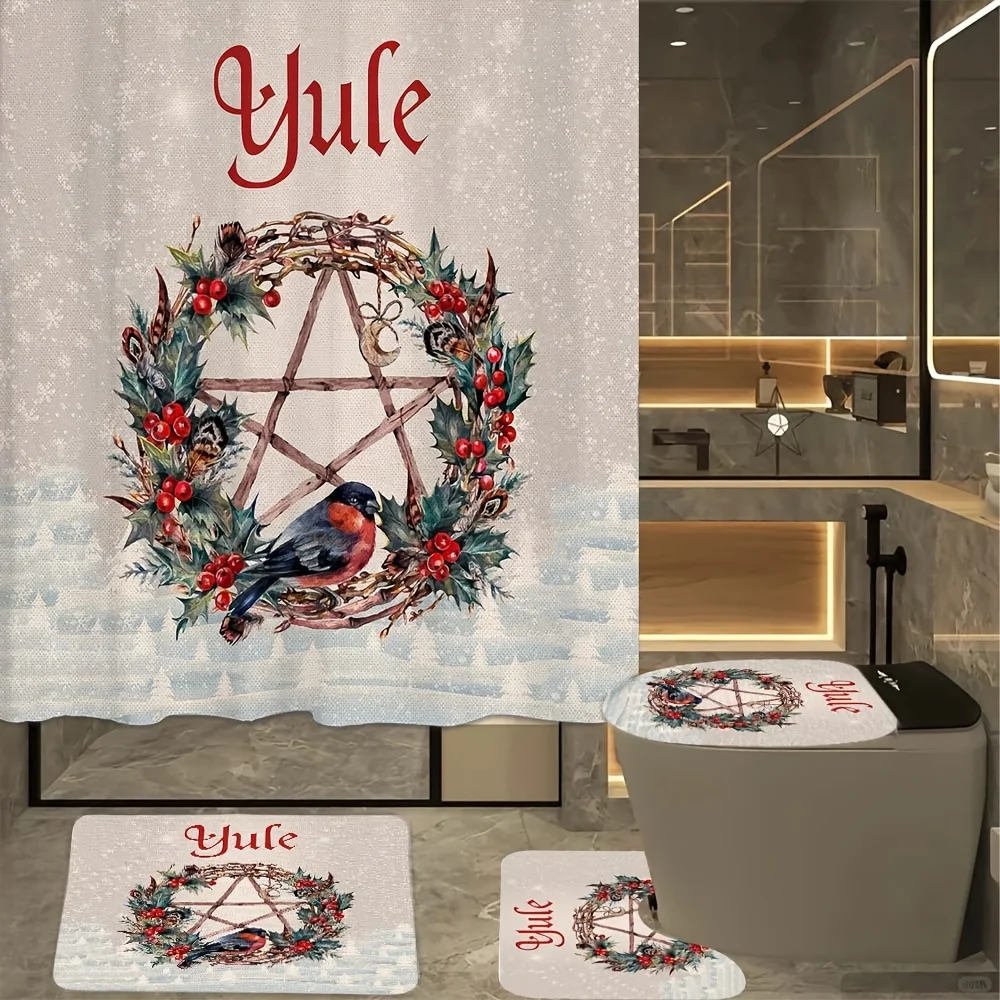 

Набор из 4 предметов для ванной комнаты Yule Wreath: занавеска для душа, коврик для ванной, крышка унитаза, крышка бачка — праздничный зимний декор