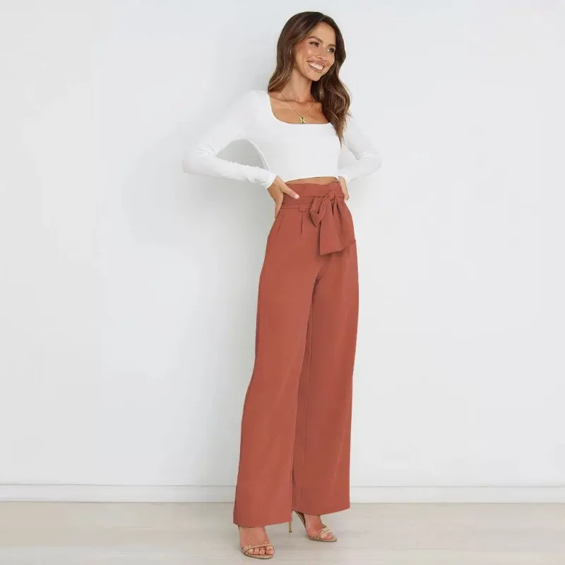 Summer Fashion New Womens Trousers Casual Versatile Wide-leg Trousers with Belt Temperament Commuter Pants