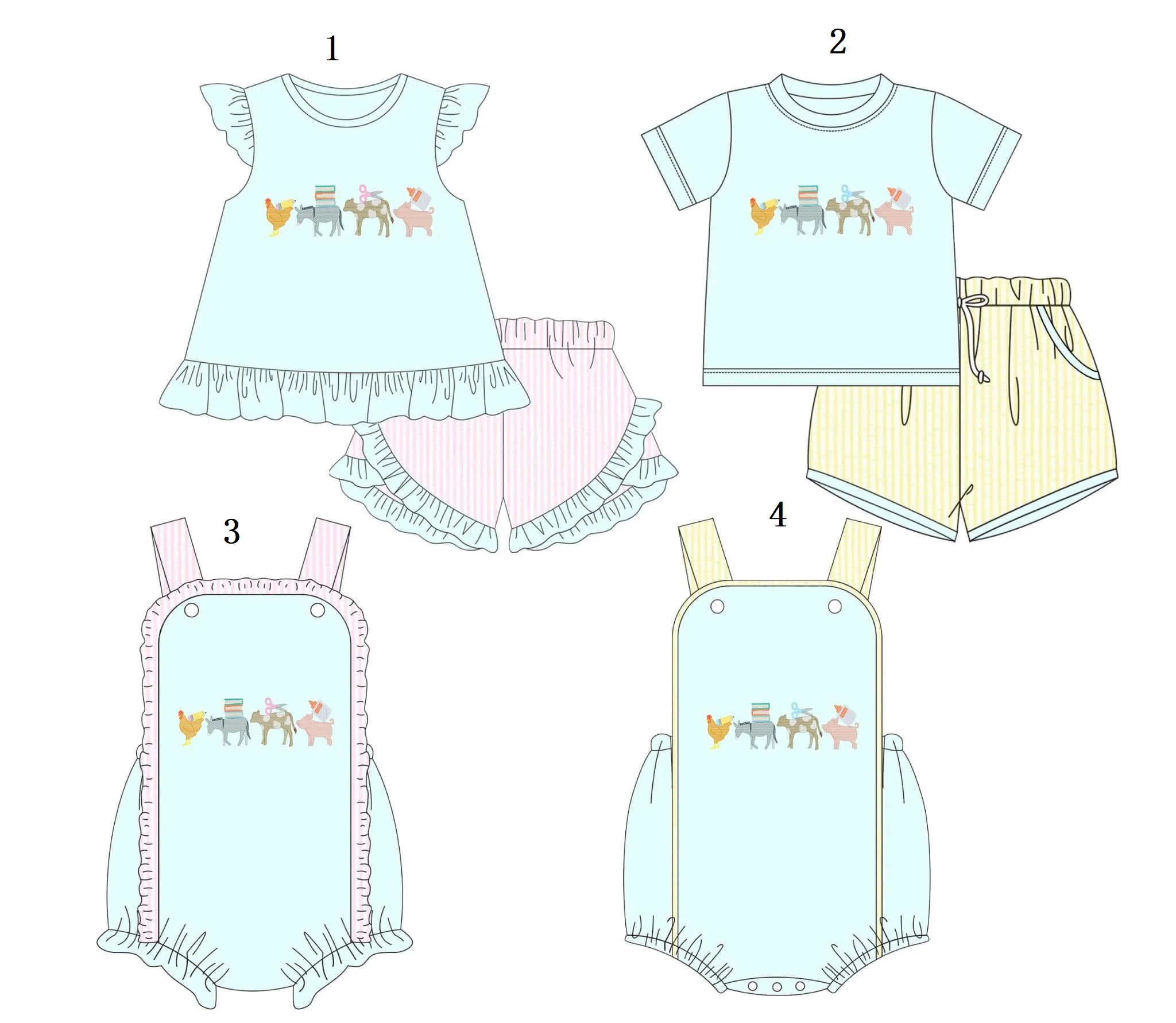 

Back to School Toddler Boys Girls Clothes Green Small Flying Sleeve Chicken Pencil Print Shorts Lace Girl Outfit Boys Short Slee