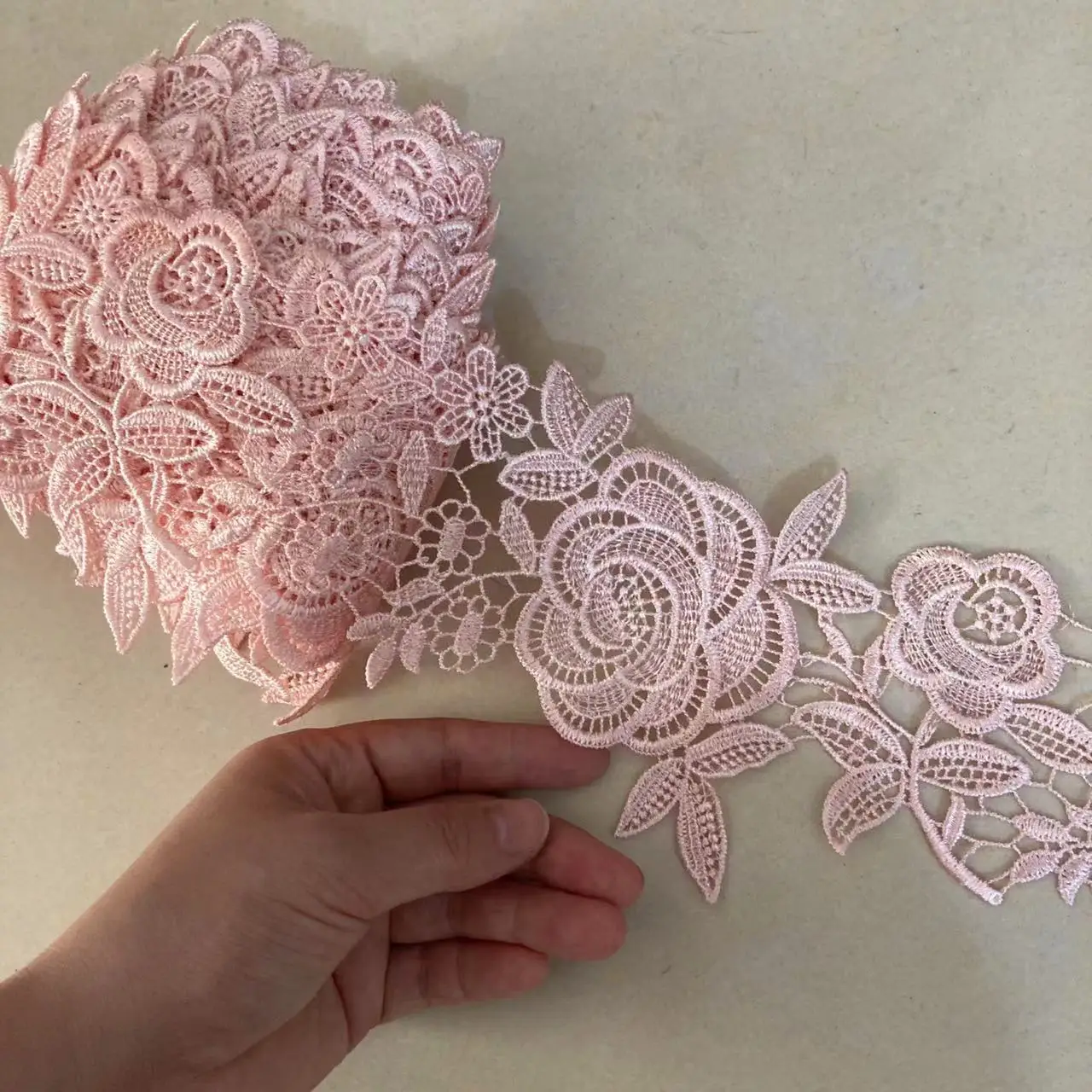 2 yard 12cm Pink Polyester Pearl Flower Embroidered Lace Trim Ribbon Fabric Handmade DIY Wedding Dress Sewing Supplies Craft Hot