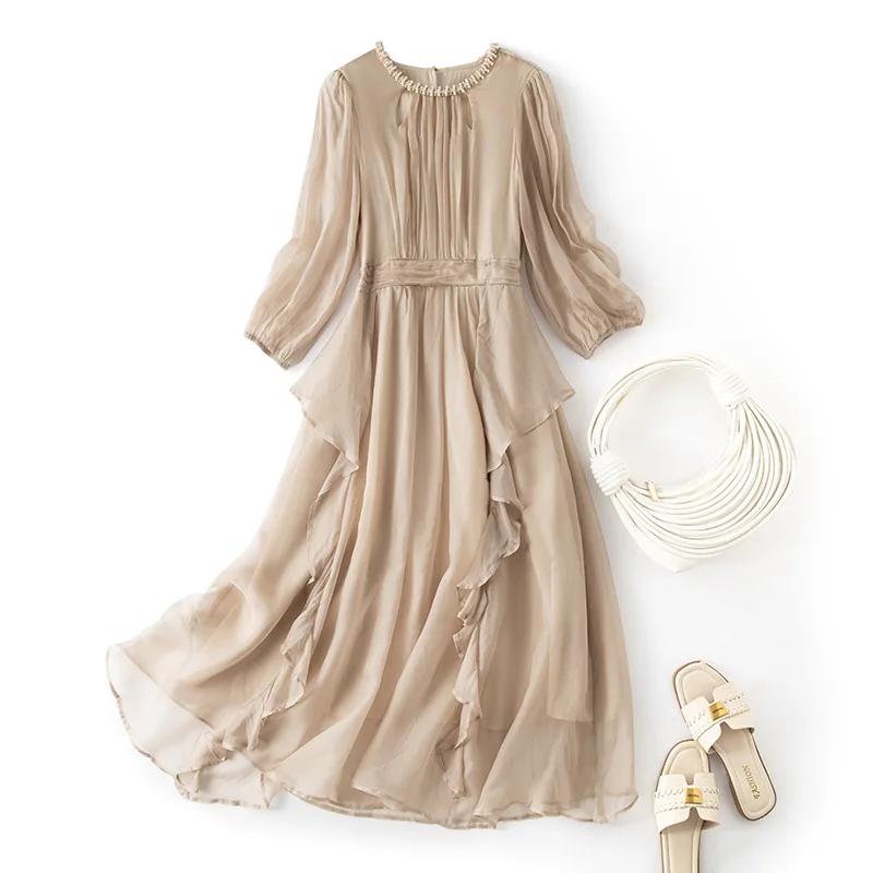 Winsleter-damska 100% prawdziwy jedwab elegancka sukienka, O Neck 3/4 rękaw frezowanie, francuskie eleganckie sukienki wróżkowe, 2025 lato D54723CC