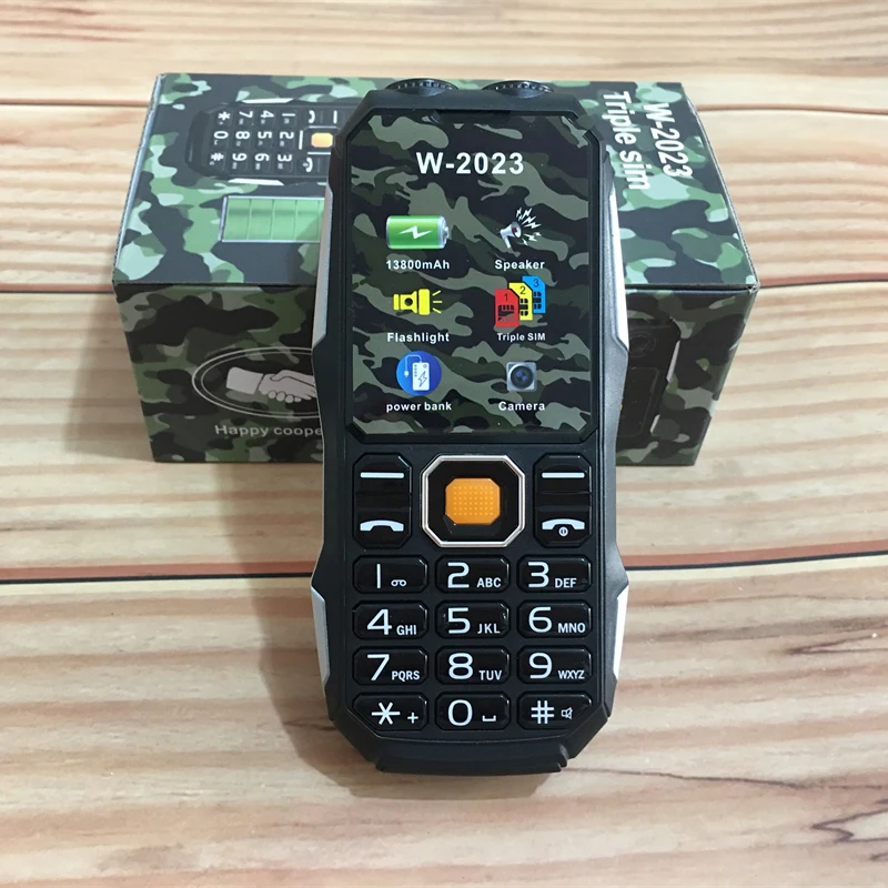 3-Sim Card 5800mAh Power Bank Mobile Phone 2.4 Inch Screen 2G GSM Dual Flashlight Wireless FM Push Button BigHorn Dustproof