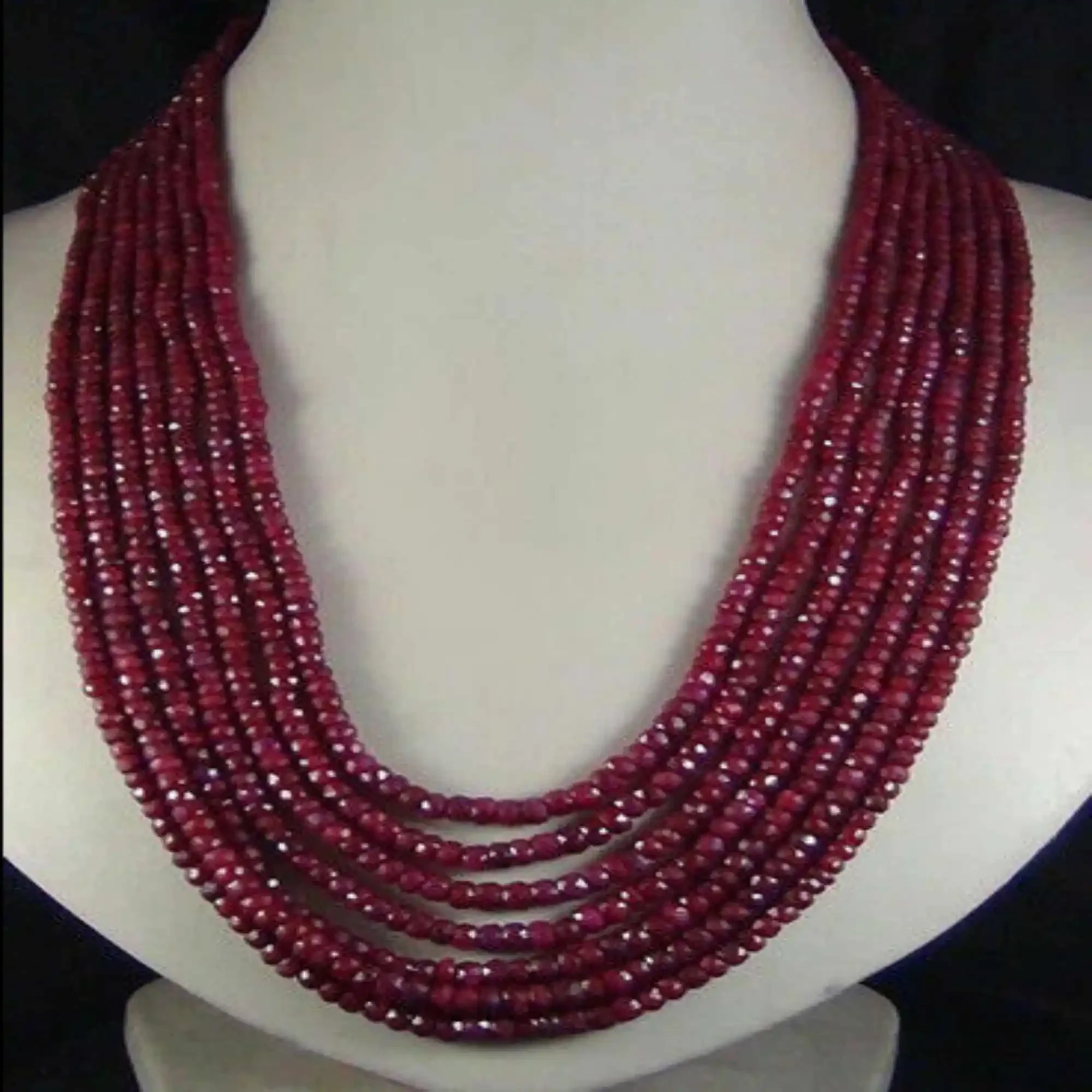 BEAUTIFUL 7 STRAND 2X4MM FACETED RED RUBY GEMSTONE BEADS NECKLACE Lucky Taseel Fancy National Style Calming Mental Inspiration