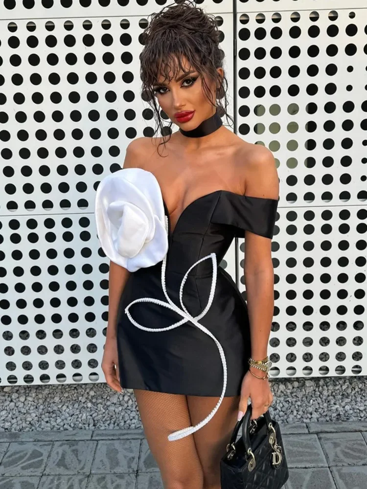 Sexy Off Shoulder White Flower Black Mini Bodycon Bandage Club Party Dress Dresses For Women 2024 Luxury Brand High Quality