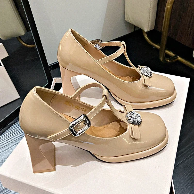 

Patent Leather Jk Uniform Dress Shoes for Women Vintage Square Heels Mary Jane Shoes Woman Japanese Style Bow Buckle Strap Pumps