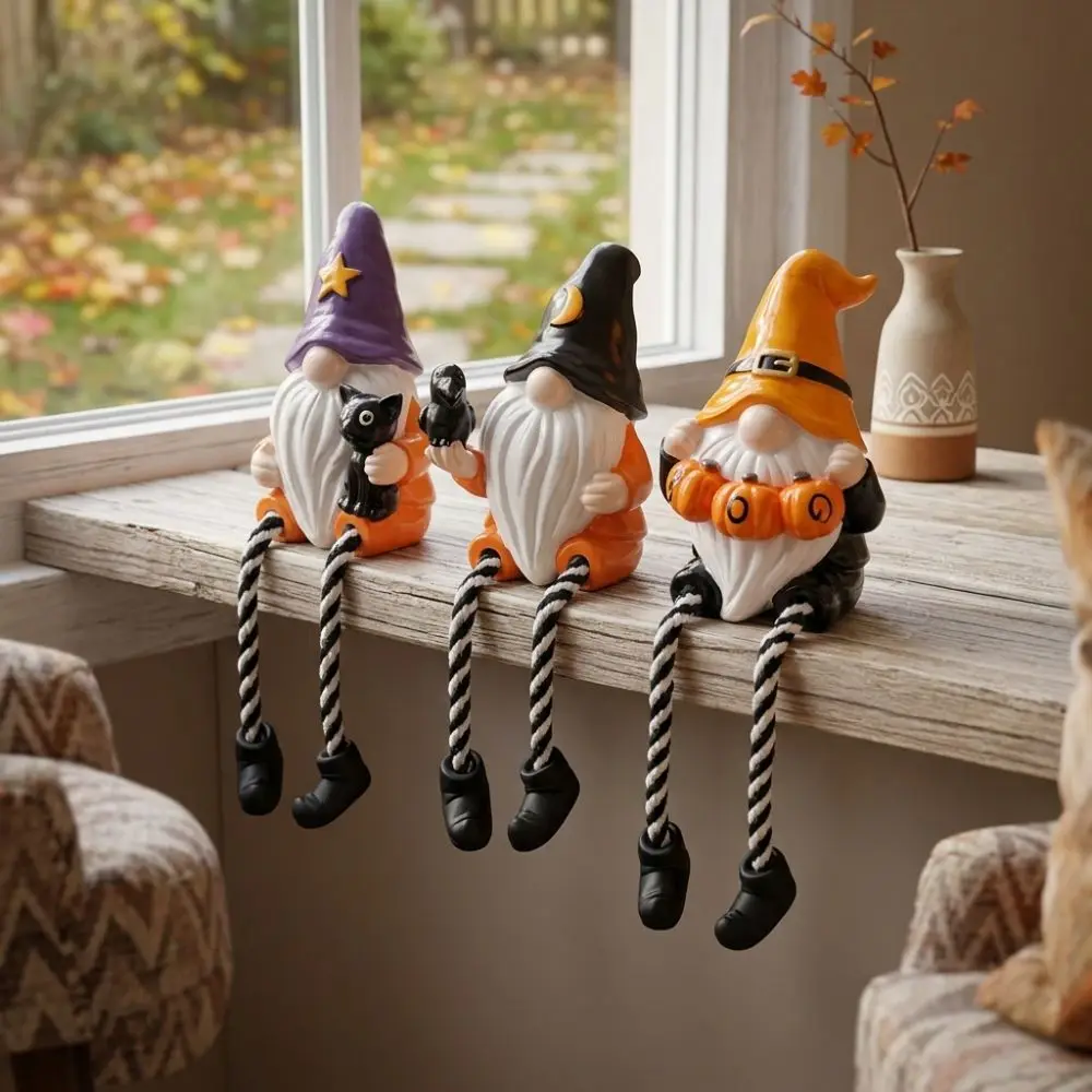Hand-Painted Halloween Gnome Shelf Sitter Resin Pumpkin Crow Black Cat Gnome Figurine Striped Legs Spooky