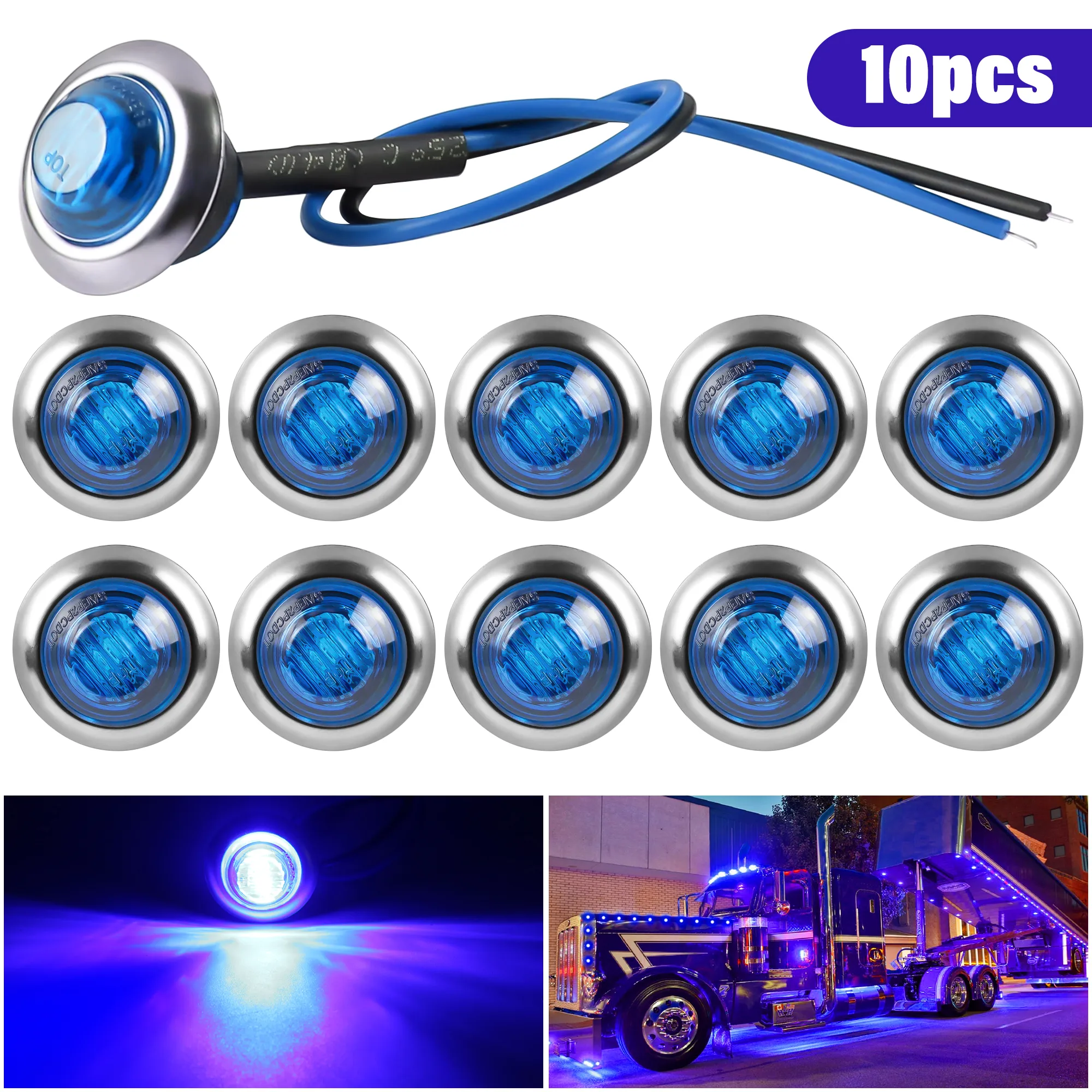 10PCS 12V Round 3LEDs Side Marker Car Lights Bullet License With Stainless Steel 304 Trim Ring Bezel for Truck Trailer Boat