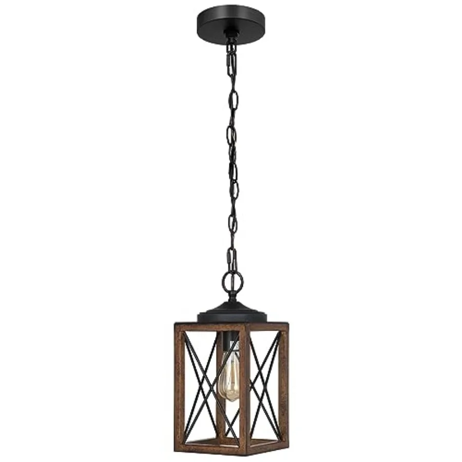 Farmhouse Pendant Light, Metal Hanging Light Fixture with Wooden Grain Finish, 63 Inch Adjustable Chain for Flat and Slop Ceili
