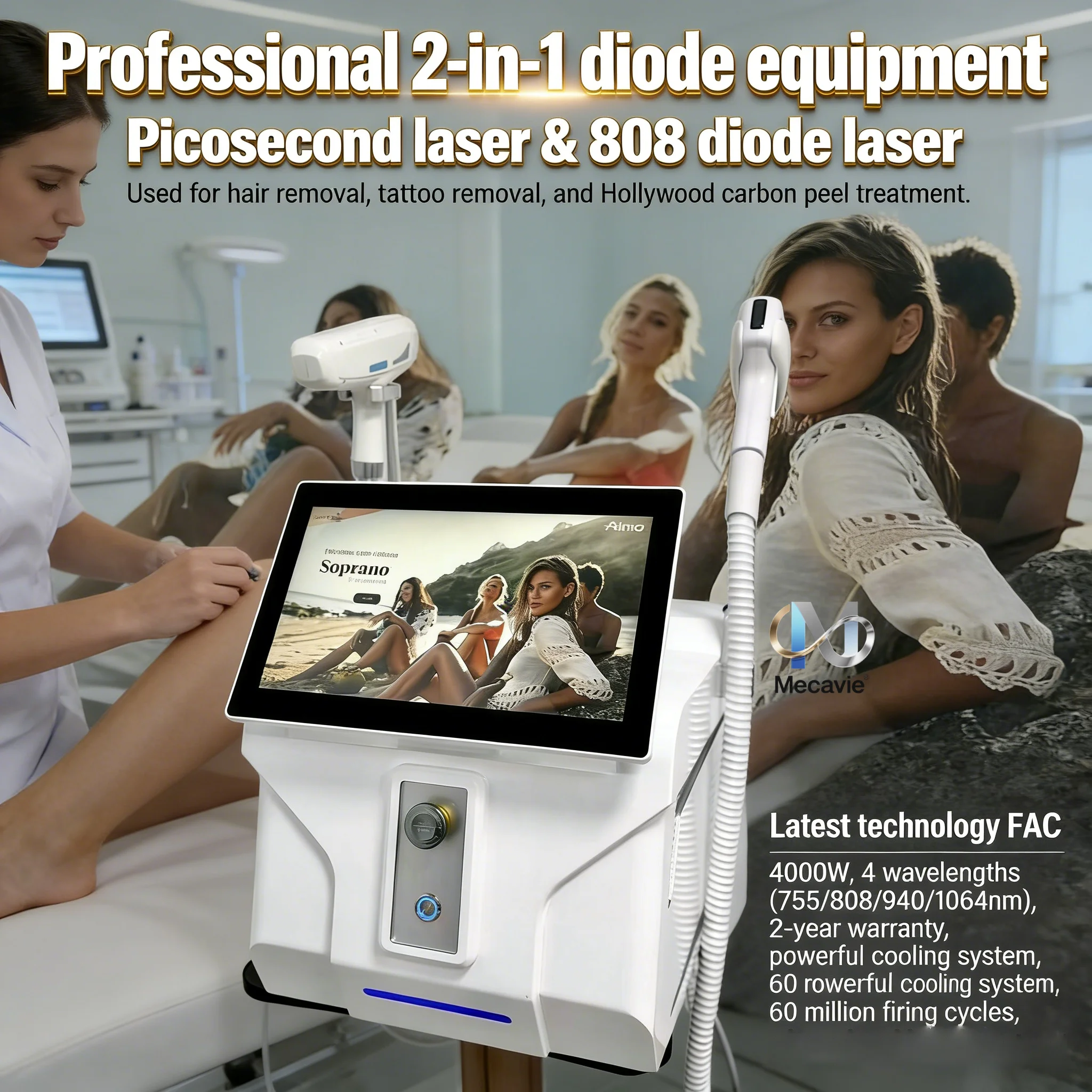 

Лазерный диодный аппарат 2026 FAC 4000 Вт, пикосекундный лазер, высокомощный, 4-волновой, для безболезненного и перманентного удаления волос и татуировок, для профессионального использования