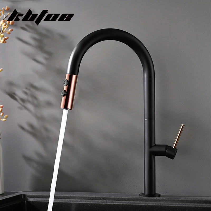 

Black Gold Kitchen Faucet Single Hole Pull Out Spout Sprayer Head Deck Mounted Hot Cold Water Sink Mixer Wash Vessel Tap Brass