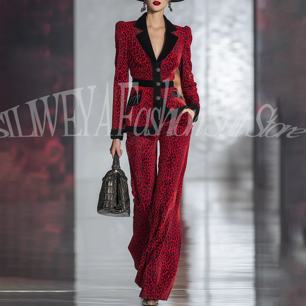 

New Arrival Luxury Leopard Print Female Suit 2 Pieces Jacket Pants Stylish Office Lady Smart Casual Conjuntos De Pantalones