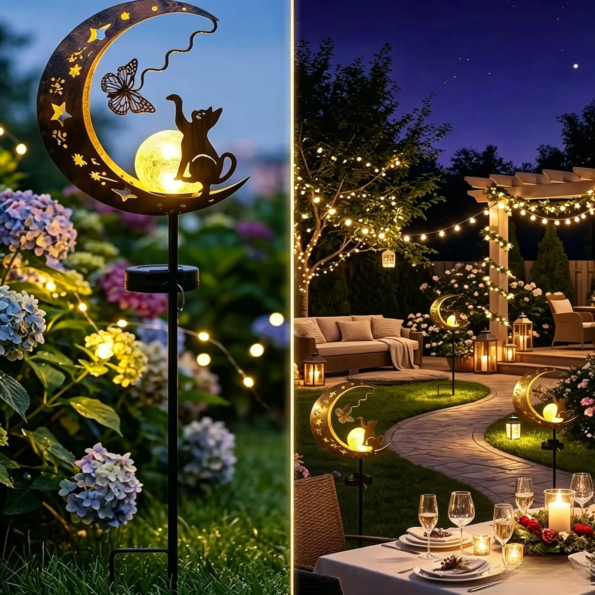 

1 PC Cat Moon-Shaped Iron Solar Lamp Outdoor Garden Decor Light Automatic Sensor Solar Powered Lamp for Walkway Decorations