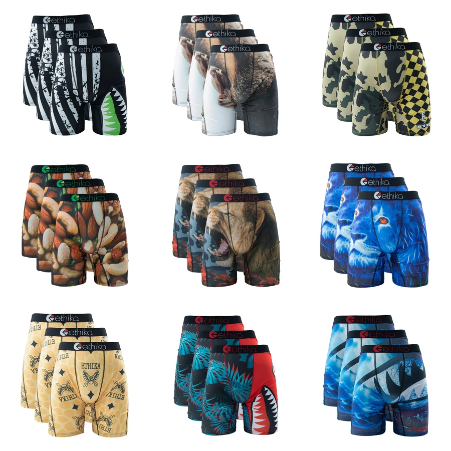 

ETHIKA 3Pcs Sexy Print Men Underwear Silky Breathable Mesh Crotch Mens Underpants Boxershorts Plus Size Man Panties Men's Boxers