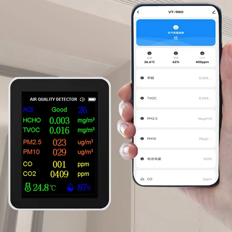 12 In 1 Air Quality Monitor CO2 Monitor With Time/ Date Display WIFI PM2.5 PM10 CO CO2 TVOC HCHO AQI Tester