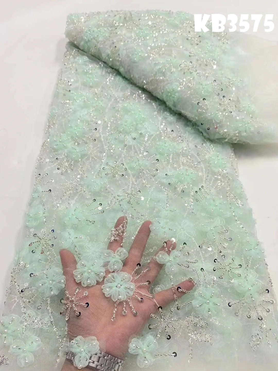 Mint Green 3D Flower Beaded Lace Fabric High Quality Lace Fabrics 2024 5 Yards Beaded French Mesh Lace For Wedding Dress KB3575